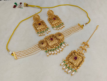 Gold Ruby Sage Green Polki Choker Jewellery Mngu Set