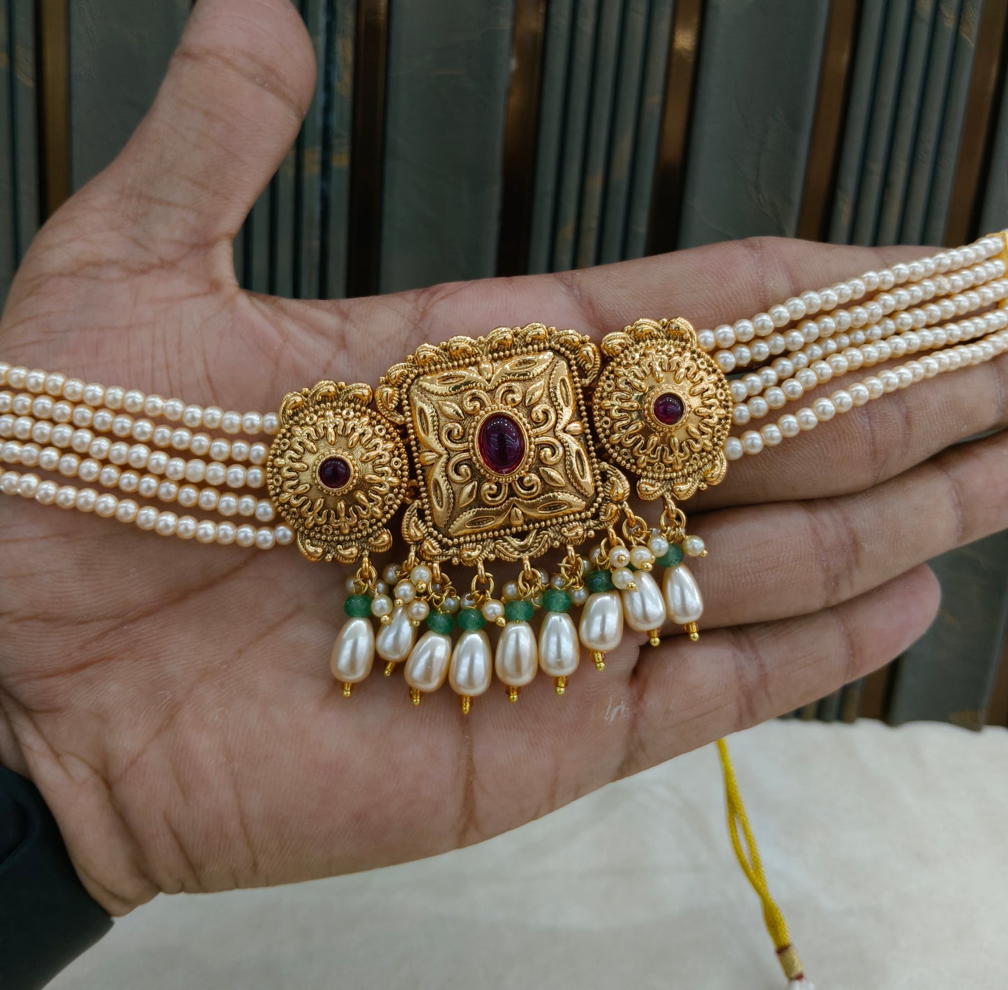 Gold Ruby Sage Green Polki Choker Jewellery Mngu Set
