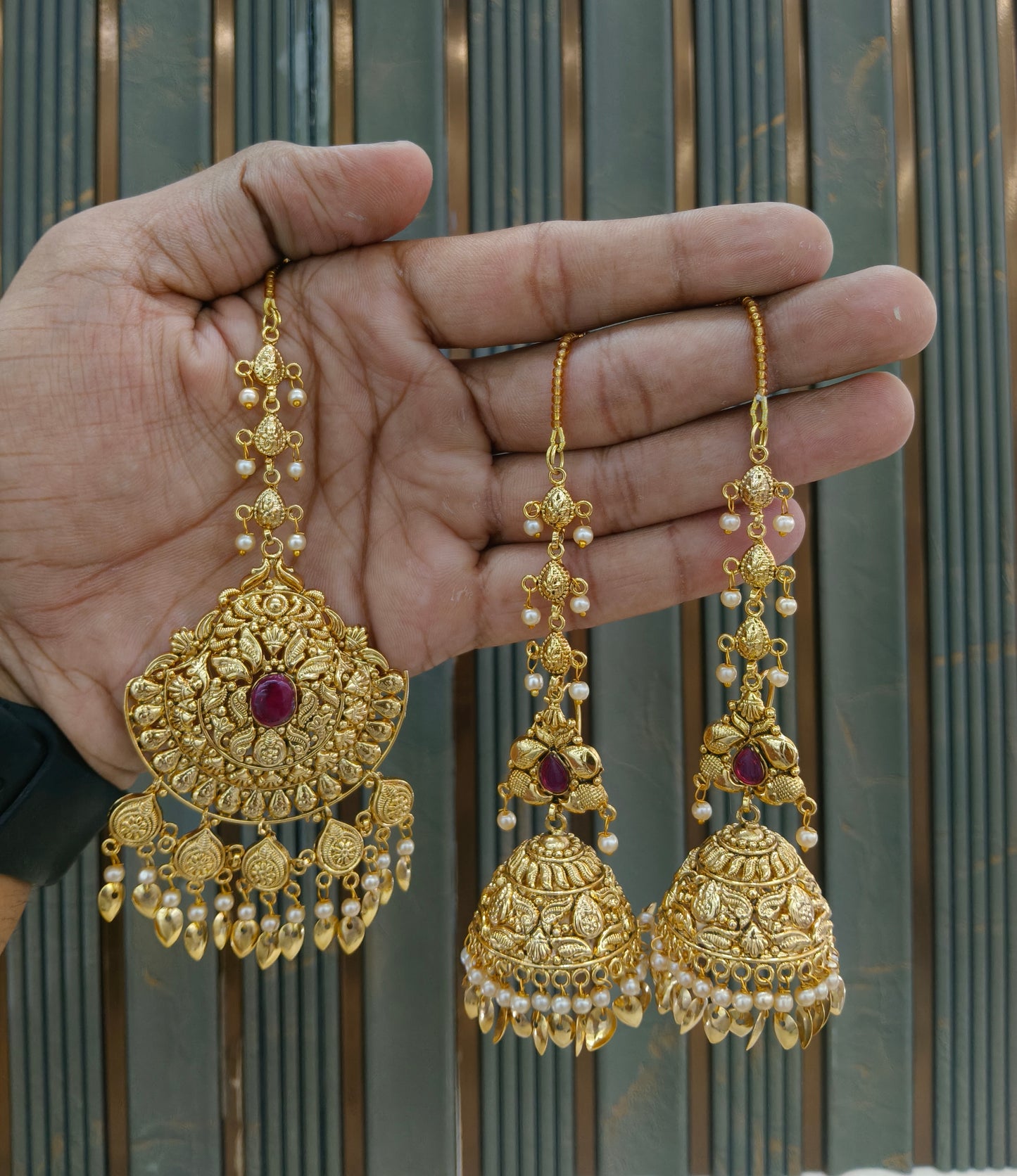 Gold Ruby Punjabi Style Earrings and Tikka set