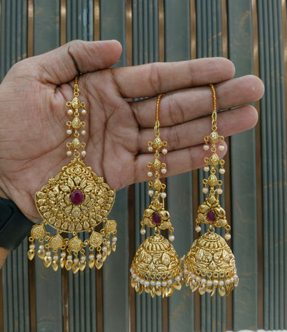 Gold Ruby Punjabi Style Earrings and Tikka set