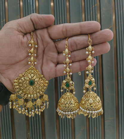 Gold Green Punjabi Style Earrings and Tikka set