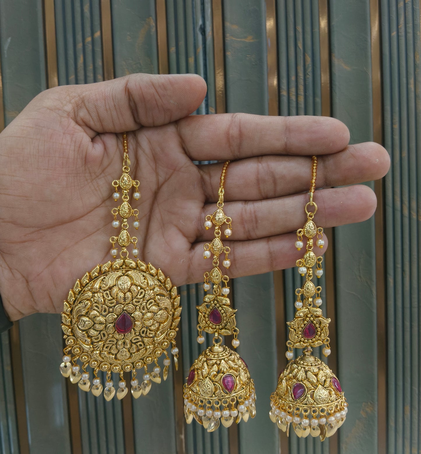 Gold Ruby Punjabi Style Earrings and Tikka set
