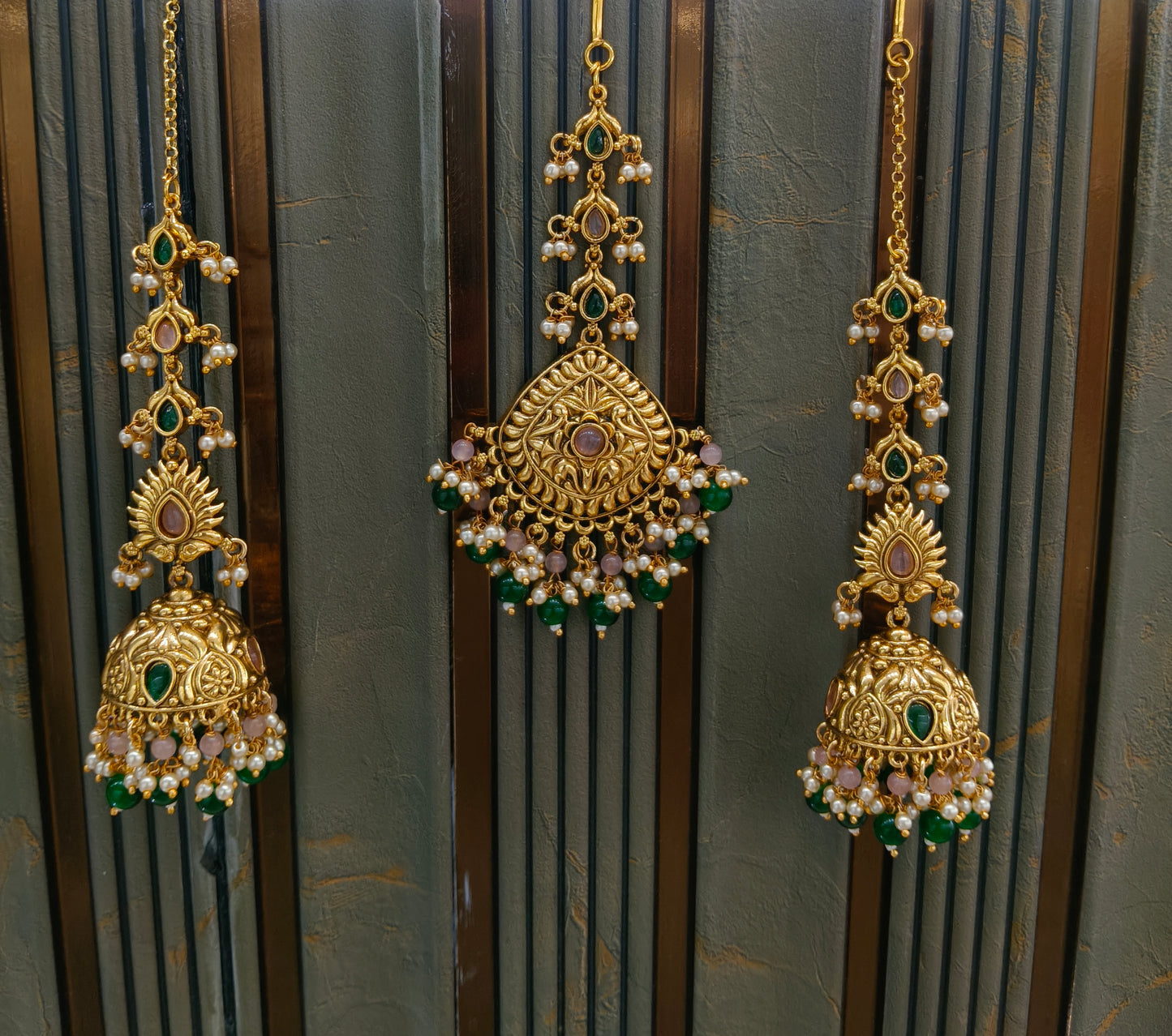 Gold Pink Green Polki Style Earrings and Tikka set