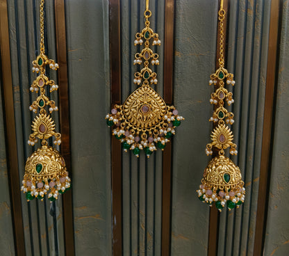 Gold Pink Green Polki Style Earrings and Tikka set