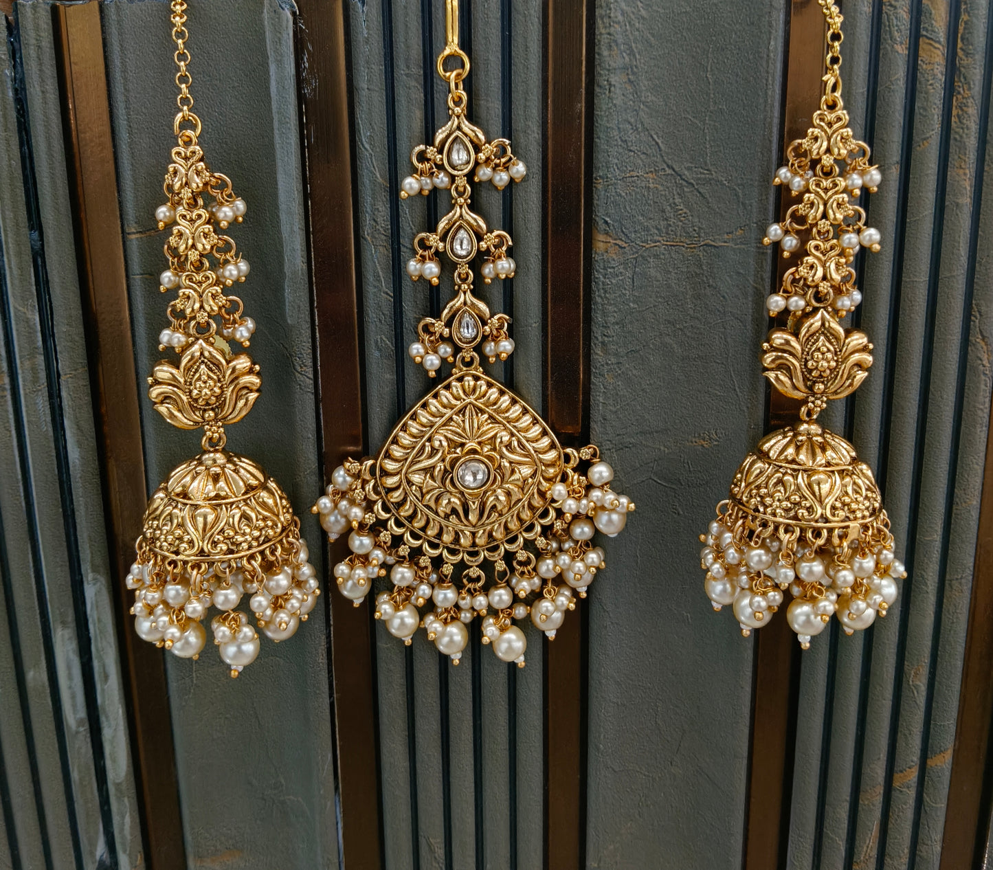 Gold White Polki Style Earrings and Tikka set