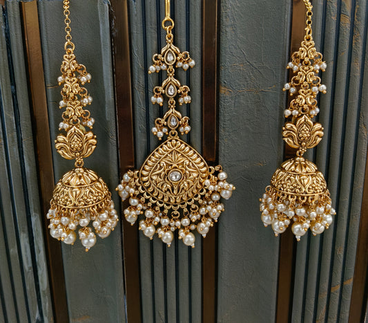 Gold White Polki Style Earrings and Tikka set