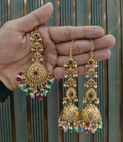Gold Multi Color Polki Style Earrings and Tikka set