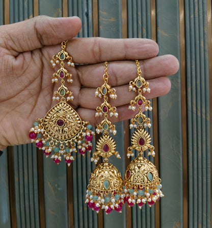 Gold Mint Majenta Polki Style Earrings and Tikka set