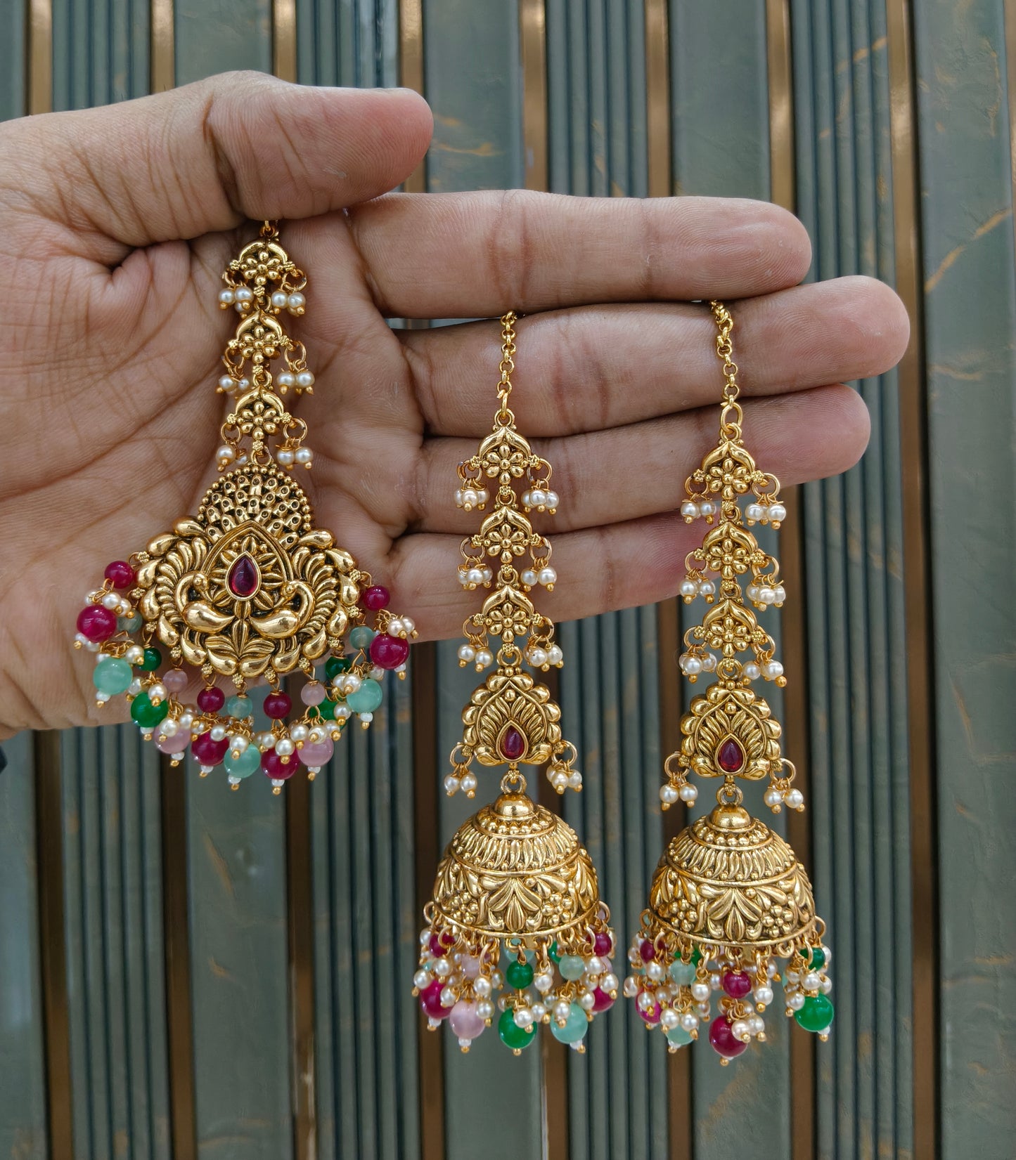 Gold Multi Color Polki Style Earrings and Tikka set