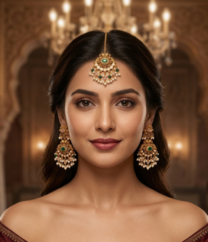 Gold Ruby Polki Style Earrings and Tikka set