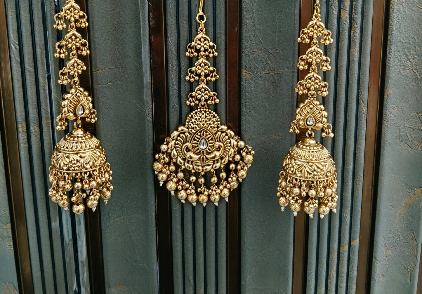 Gold Polki Style Earrings and Tikka set