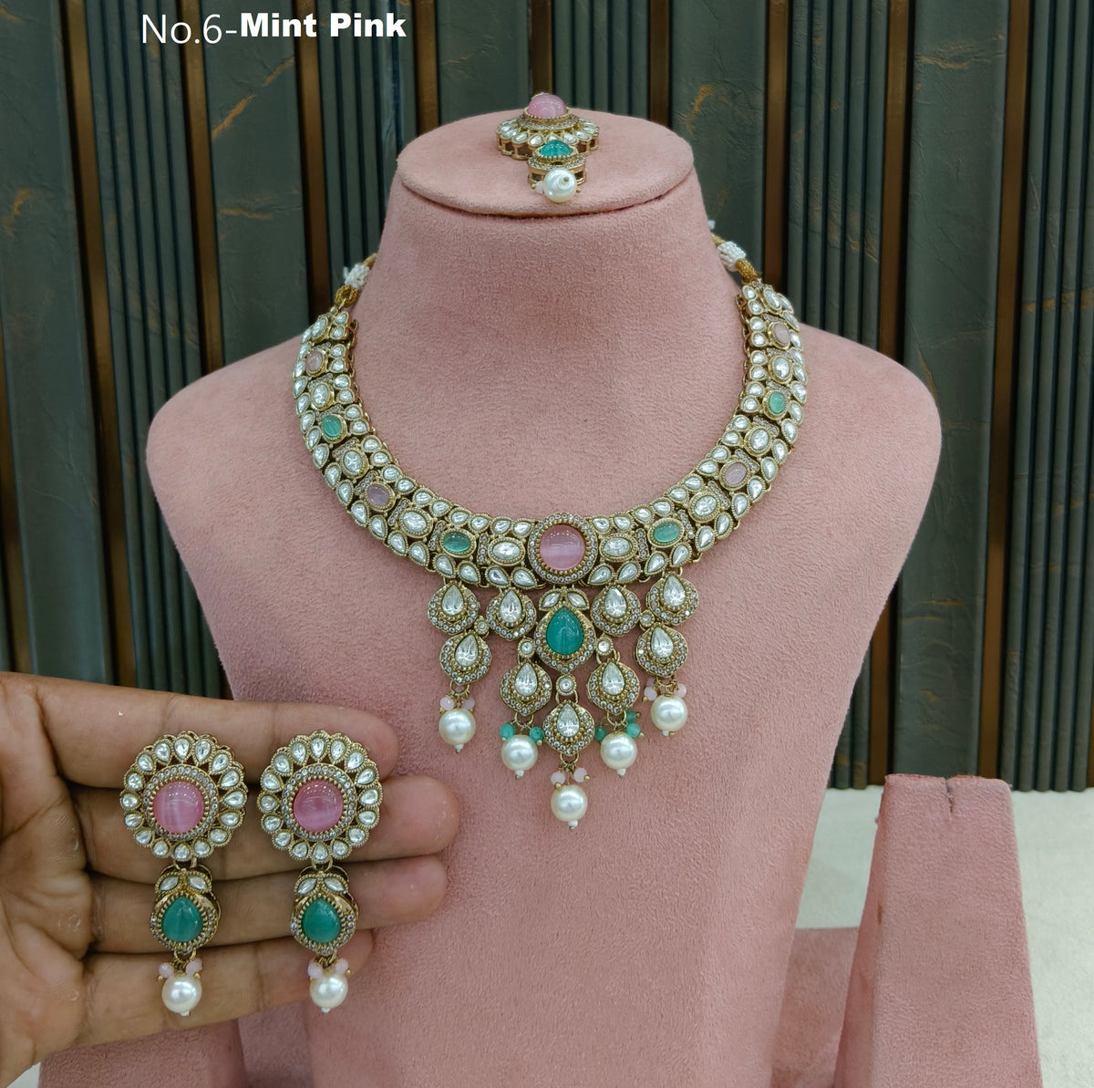 Mint Pink Moissanite Kundan Necklace Jewellery Danish Set