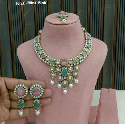 Mint Pink Moissanite Kundan Necklace Jewellery Danish Set