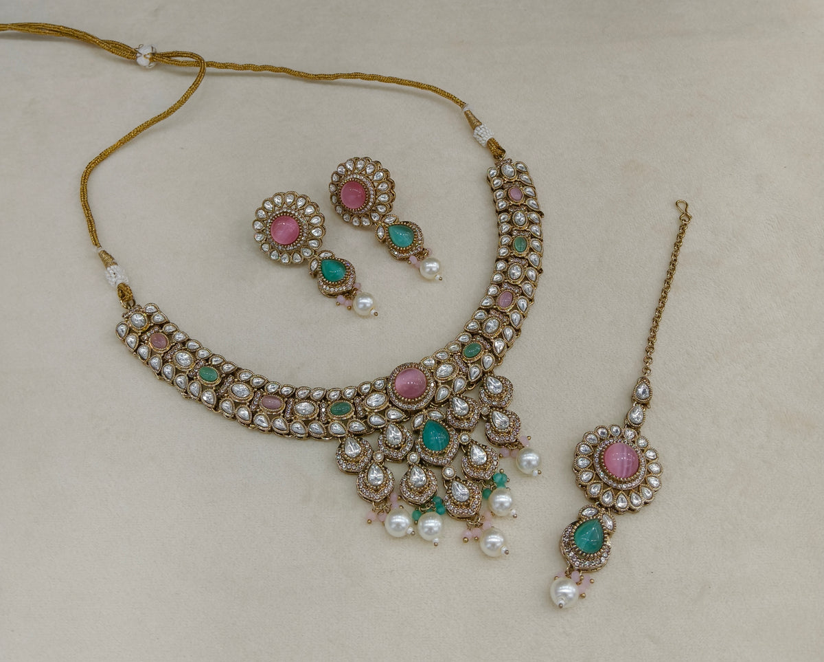 Mint Pink Moissanite Kundan Necklace Jewellery Danish Set