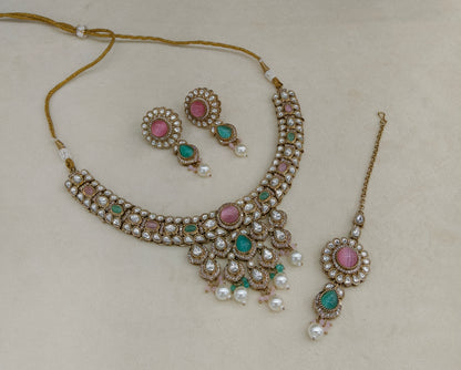 Mint Pink Moissanite Kundan Necklace Jewellery Danish Set