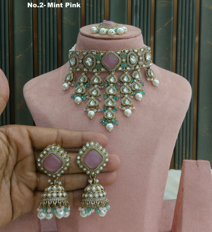 Mint pink moissanite Kundan choker Anita Set