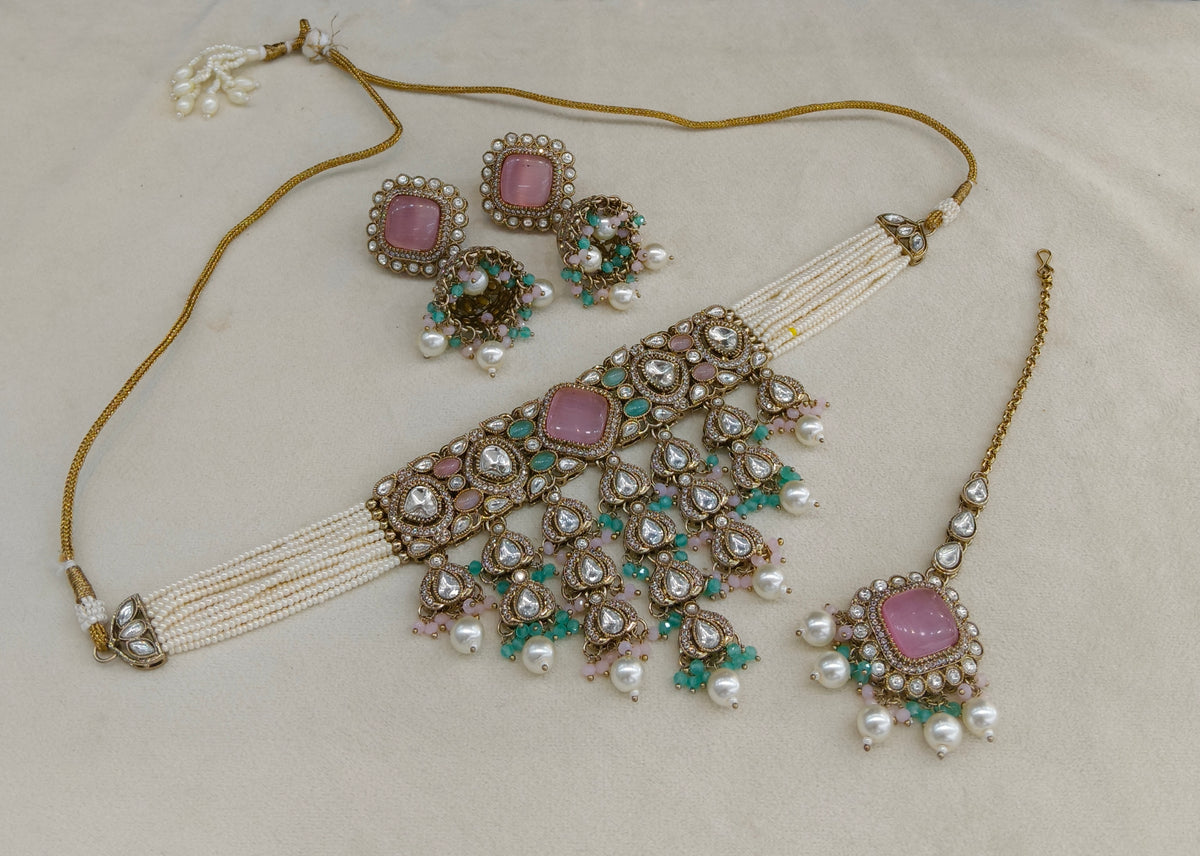 Mint pink moissanite Kundan choker Anita Set