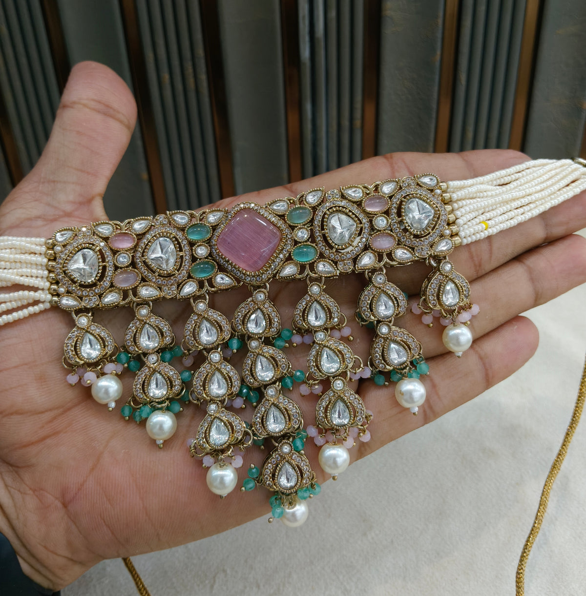 Mint pink moissanite Kundan choker Anita Set