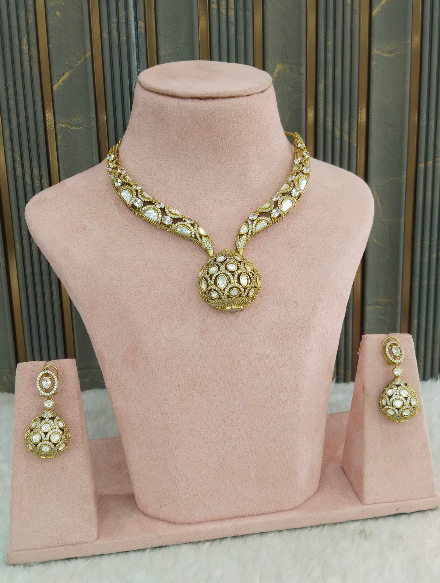 Antique White Moissanite Kundan Cz Stone Necklace Jewellery Alina Set