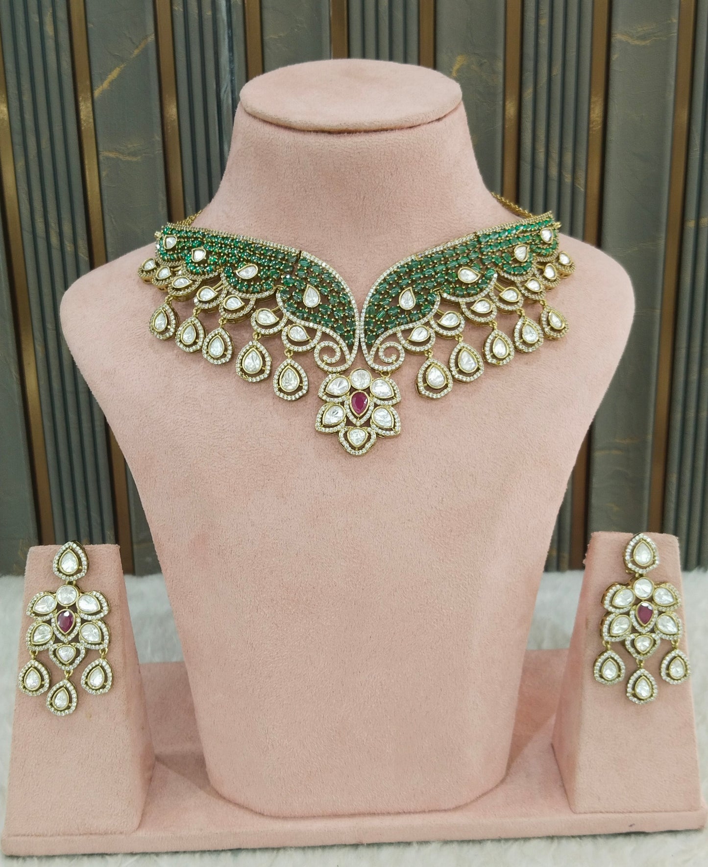 Antique Ruby Green Moissanite Kundan Cz Stone Necklace Jewellery Ira Set