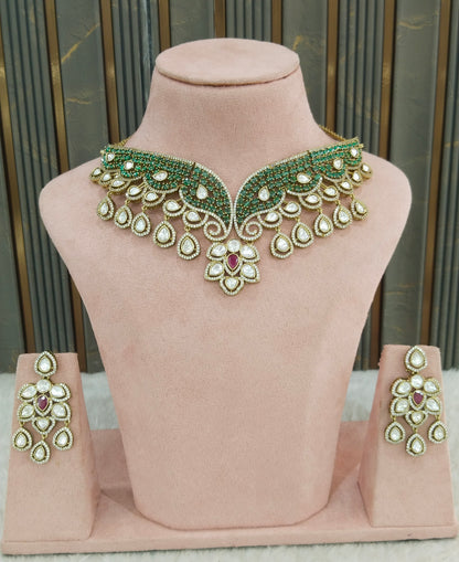 Antique Ruby Green Moissanite Kundan Cz Stone Necklace Jewellery Ira Set