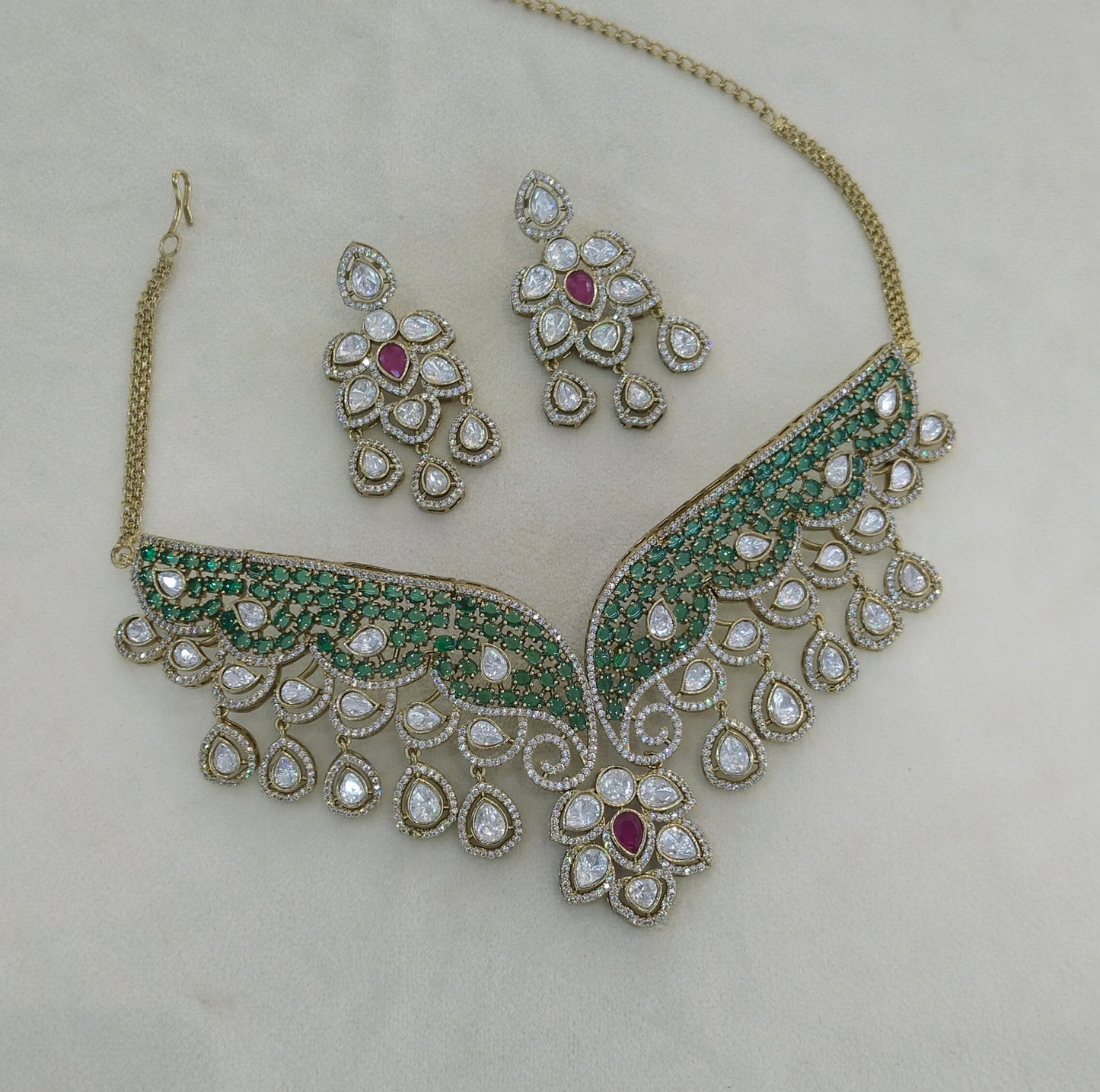 Antique Ruby Green Moissanite Kundan Cz Stone Necklace Jewellery Ira Set