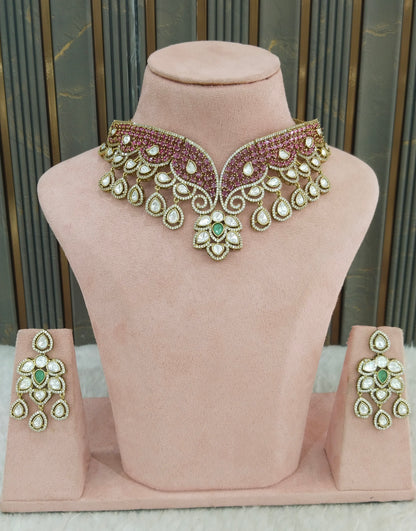 Antique Ruby Sage Green Moissanite Kundan Cz Stone Necklace Jewellery Ira Set