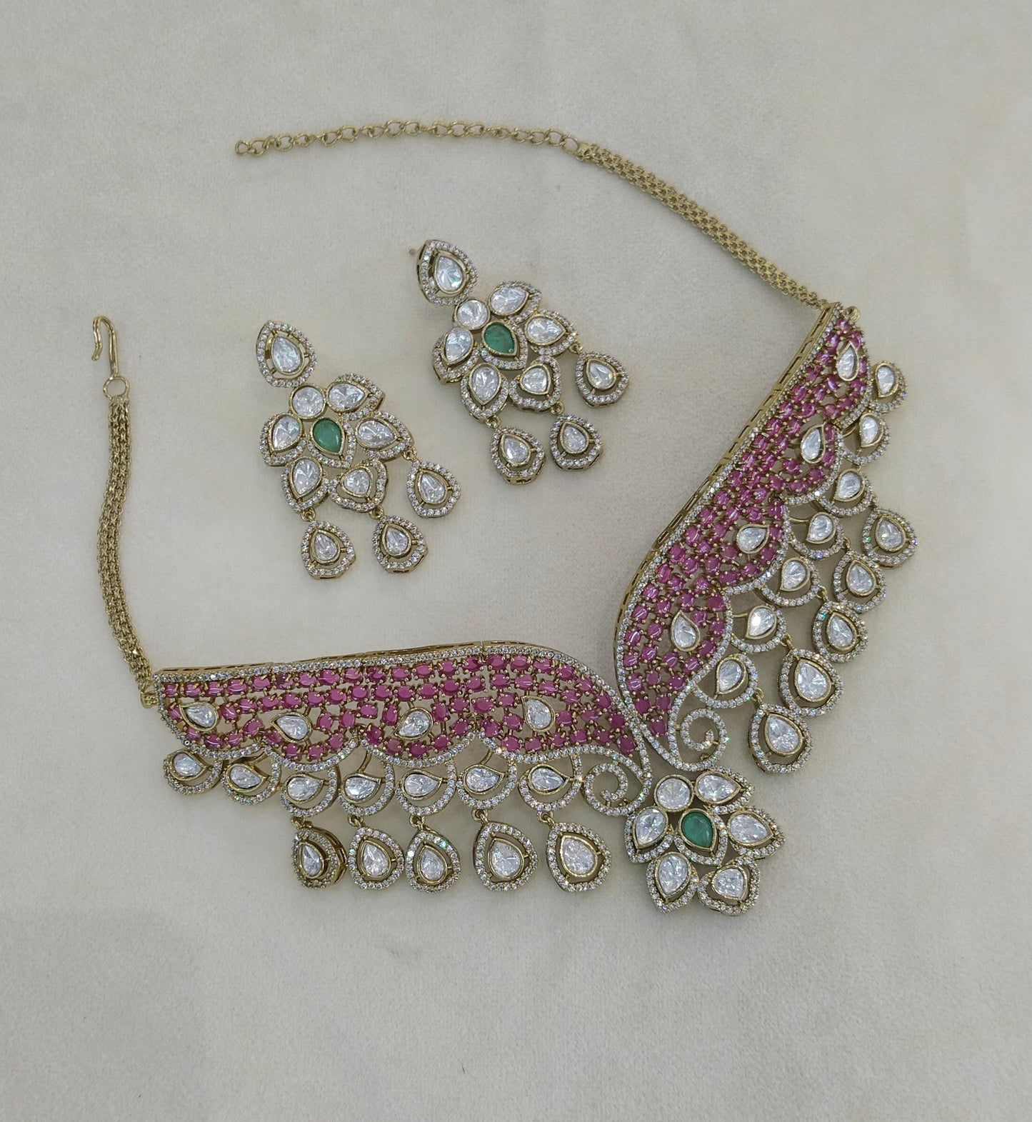 Antique Ruby Sage Green Moissanite Kundan Cz Stone Necklace Jewellery Ira Set