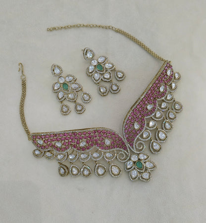 Antique Ruby Sage Green Moissanite Kundan Cz Stone Necklace Jewellery Ira Set