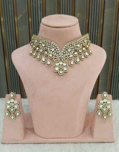 Antique White Moissanite Kundan Cz Stone Necklace Jewellery Ira Set