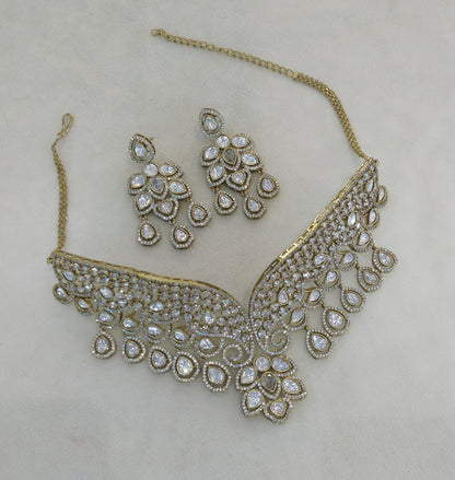 Antique White Moissanite Kundan Cz Stone Necklace Jewellery Ira Set