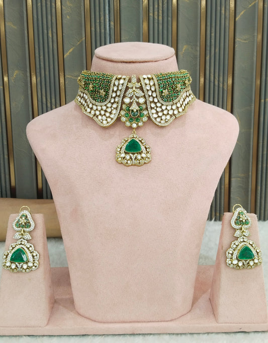 Antique Green Moissanite Kundan Cz Stone Necklace Jewellery Ishita Set