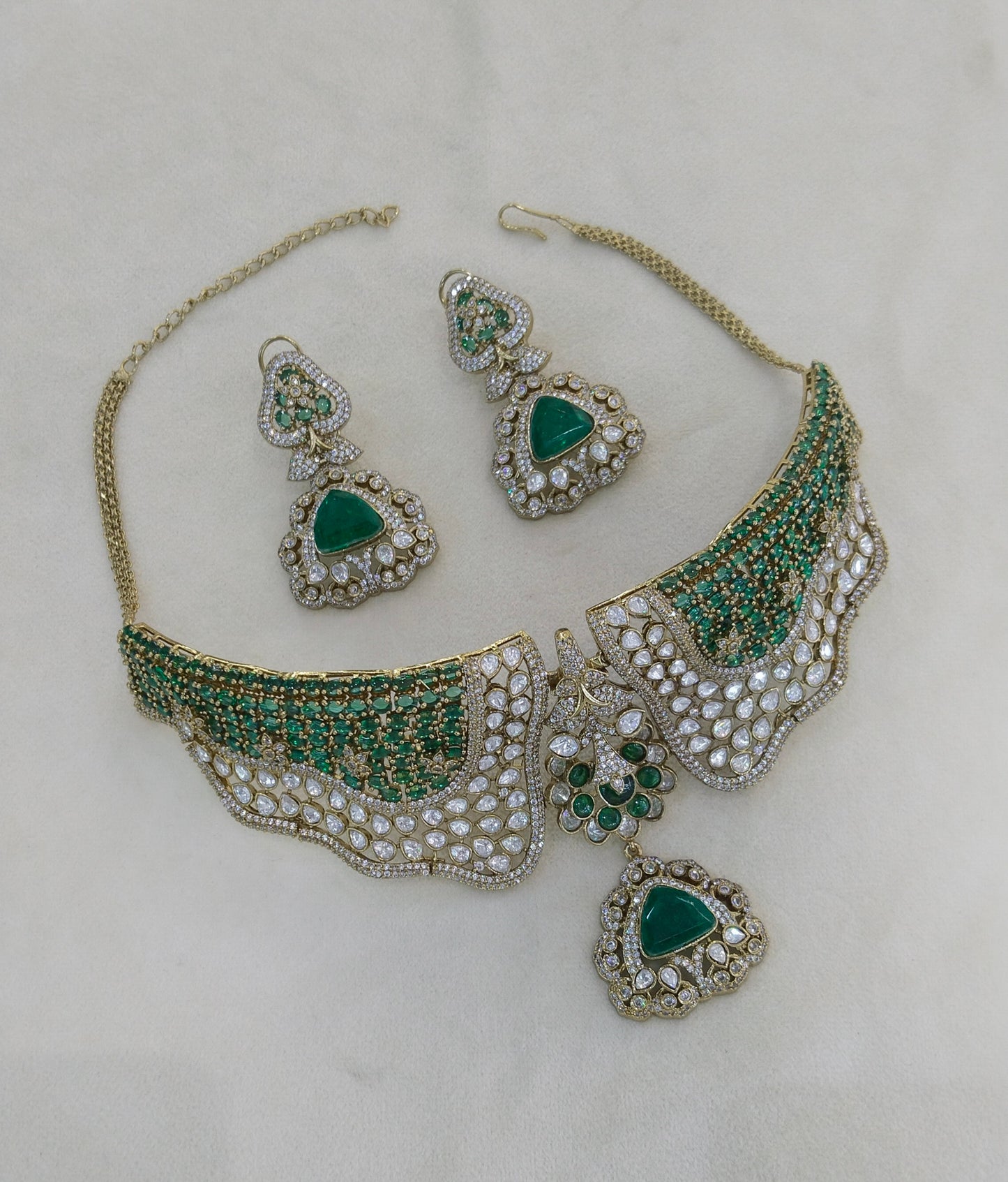 Antique Green Moissanite Kundan Cz Stone Necklace Jewellery Ishita Set