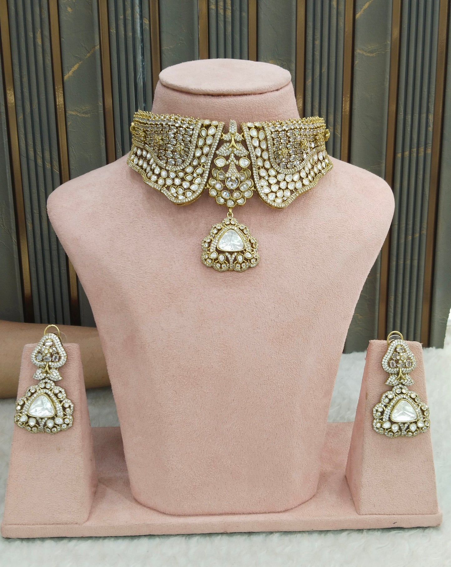 Antique White Moissanite Kundan Cz Stone Necklace Jewellery Ishita Set