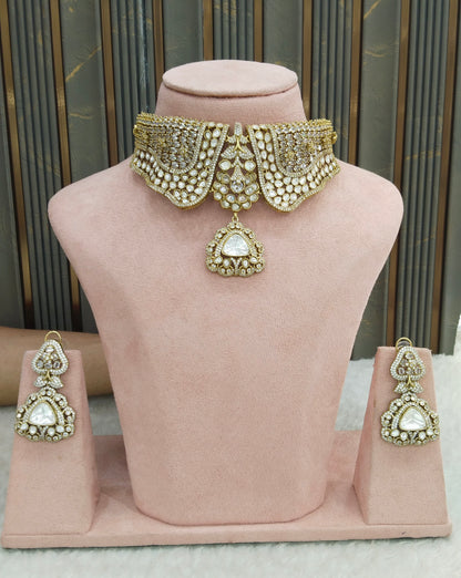 Antique White Moissanite Kundan Cz Stone Necklace Jewellery Ishita Set
