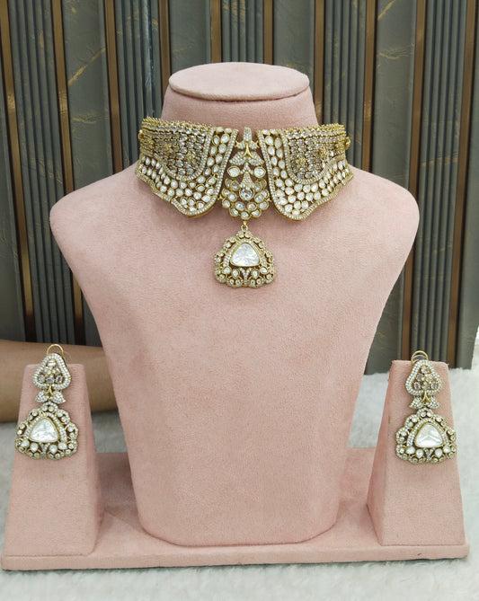 Antique White Moissanite Kundan Cz Stone Necklace Jewellery Ishita Set
