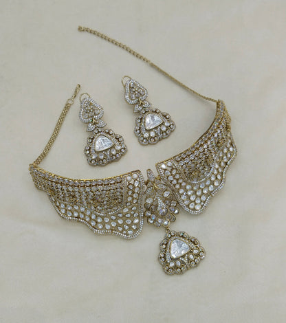 Antique White Moissanite Kundan Cz Stone Necklace Jewellery Ishita Set