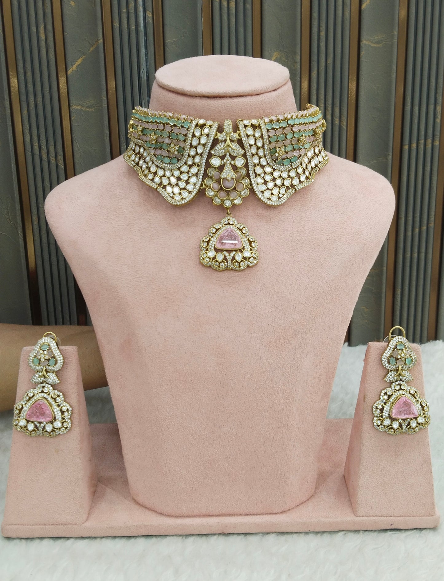 Antique Mint Pink Moissanite Kundan Cz Stone Necklace Jewellery Ishita Set