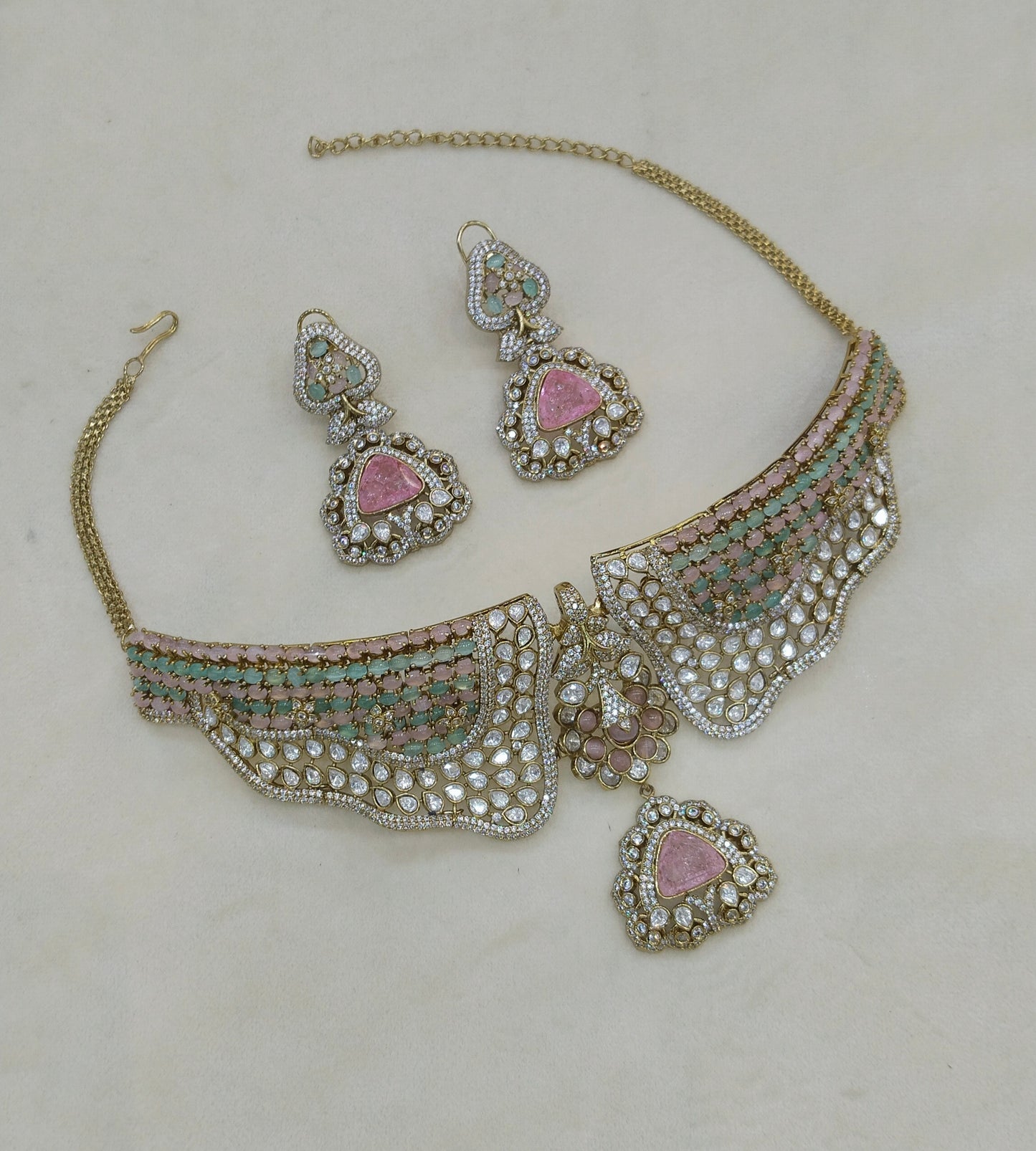 Antique Mint Pink Moissanite Kundan Cz Stone Necklace Jewellery Ishita Set