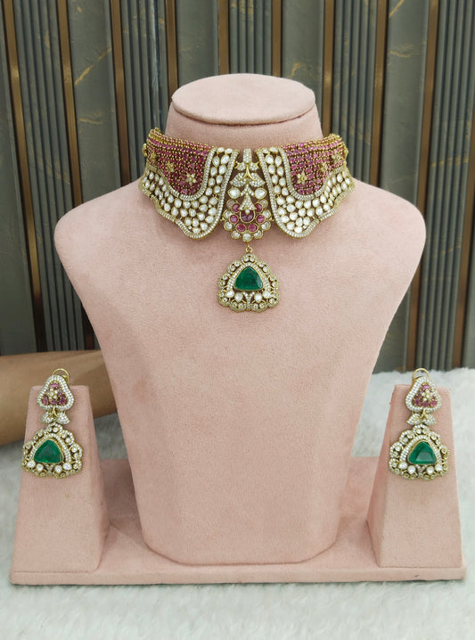 Antique Ruby Green Moissanite Kundan Cz Stone Necklace Jewellery Ishita Set