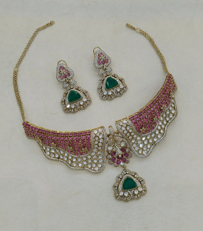 Antique Ruby Green Moissanite Kundan Cz Stone Necklace Jewellery Ishita Set