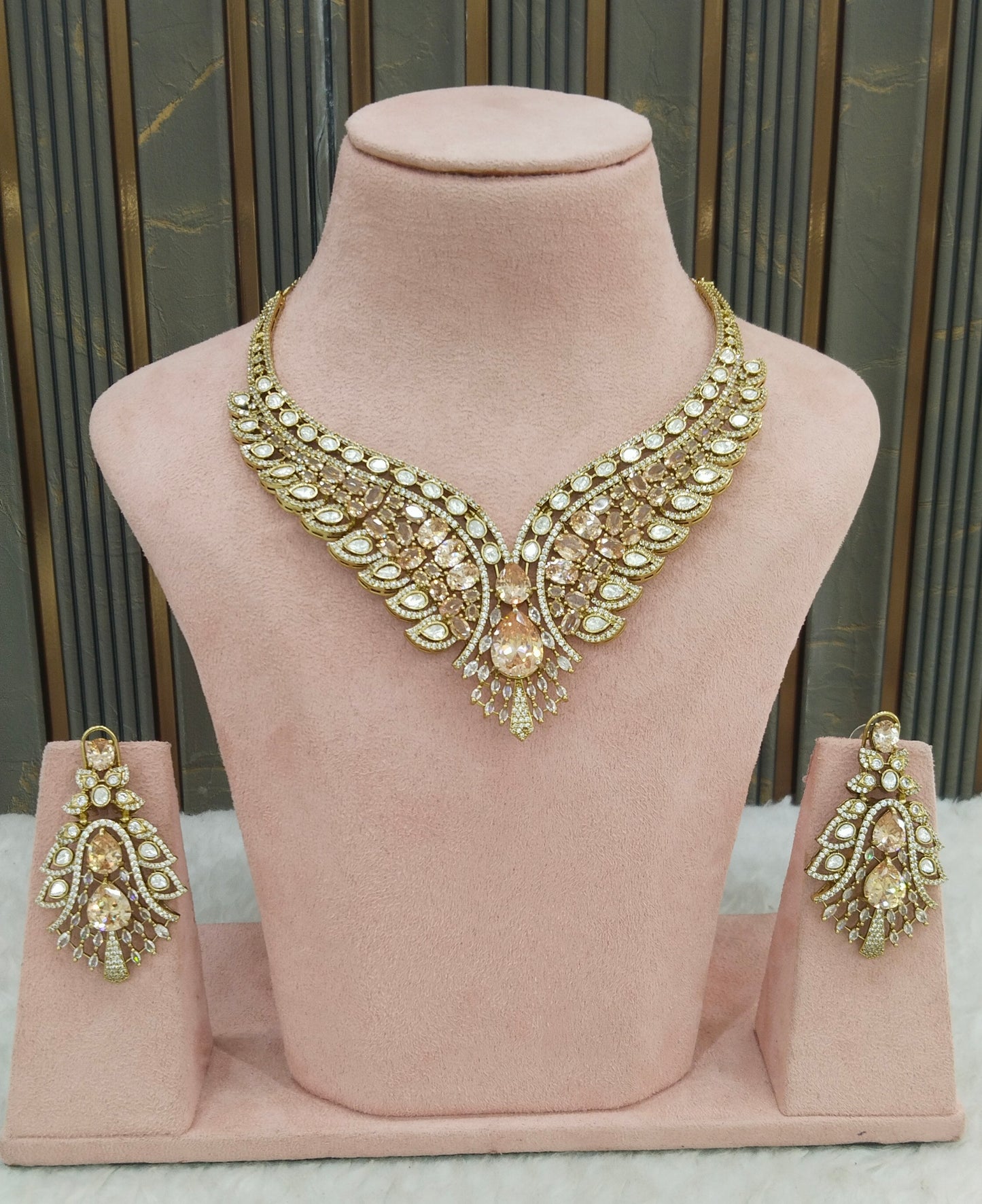 Antique Gold Moissanite Kundan Cz Stone Necklace Jewellery Riya Set