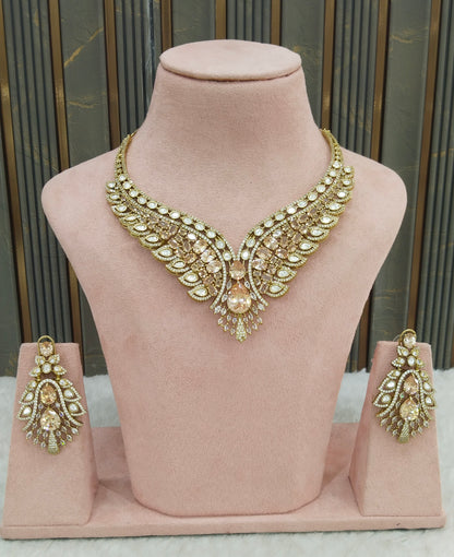 Antique Gold Moissanite Kundan Cz Stone Necklace Jewellery Riya Set