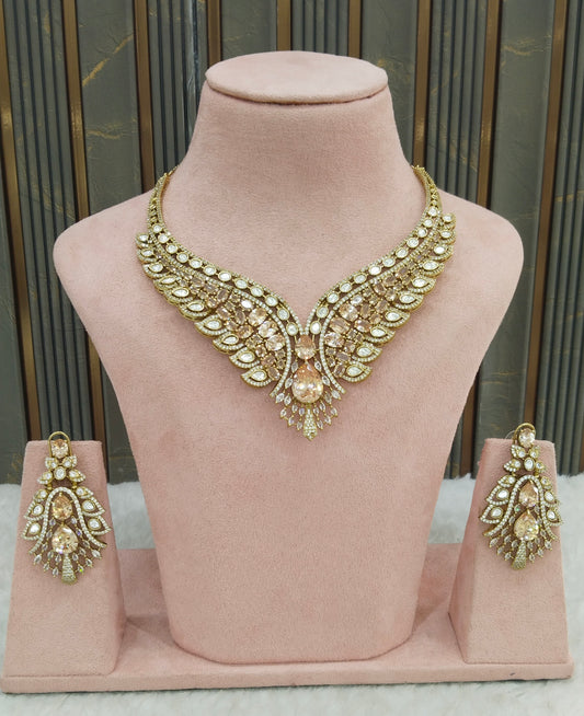 Antique Gold Moissanite Kundan Cz Stone Necklace Jewellery Riya Set