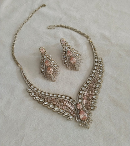 Antique Gold Moissanite Kundan Cz Stone Necklace Jewellery Riya Set