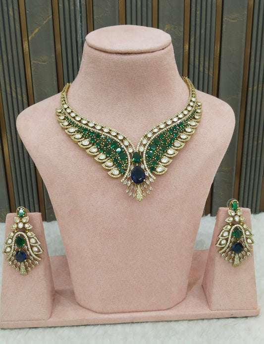 Antique Green Blue Moissanite Kundan Cz Stone Necklace Jewellery Riya Set