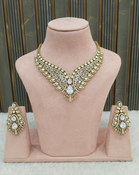Antique White Moissanite Kundan Cz Stone Necklace Jewellery Riya Set