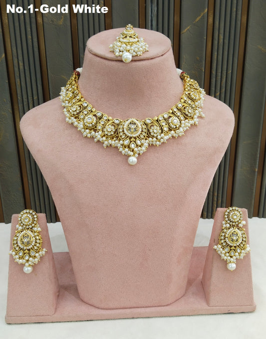 Gold White Kundan necklace Set/ Indian jewellery kundan Gitu sets