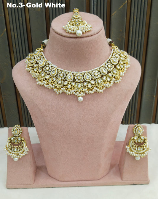 Gold White Kundan necklace Set/ Indian jewellery kundan Zori sets