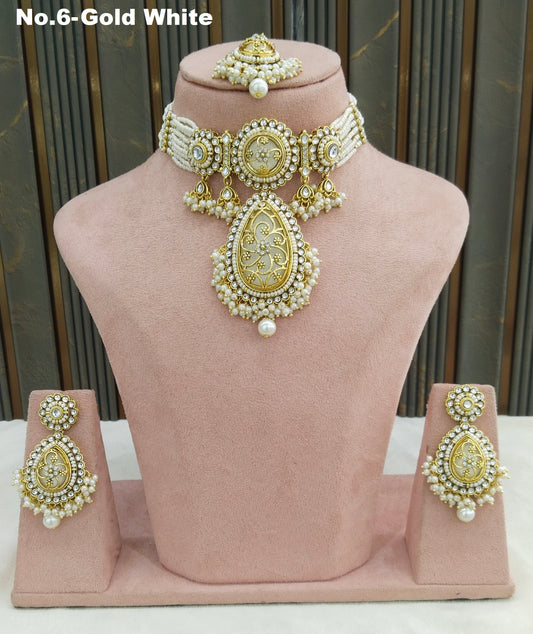 Gold White Kundan choker Set/ kundan choker Kundan Sharn Set